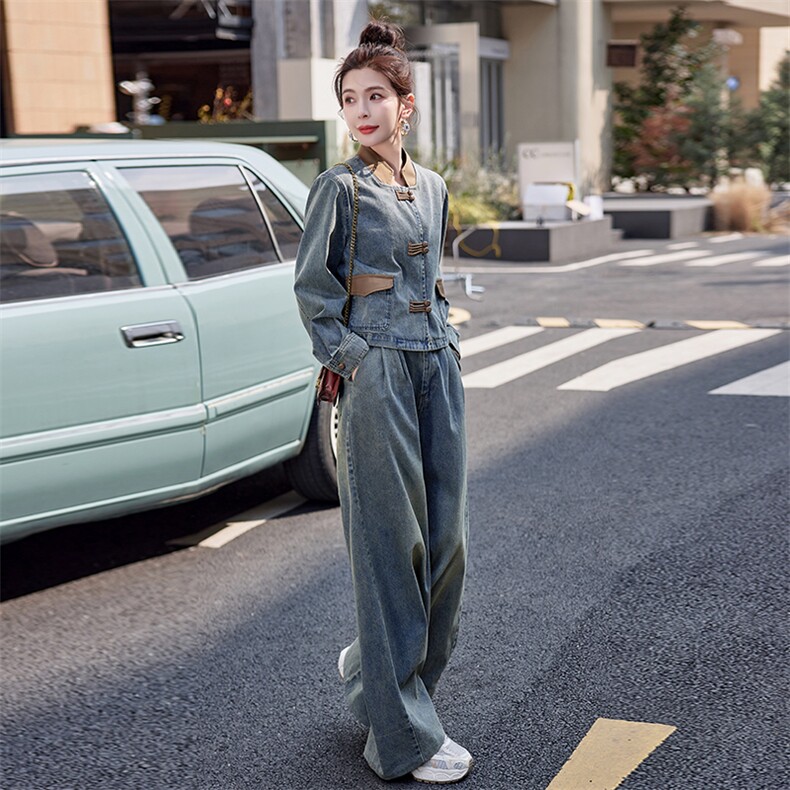 新中式国风撞色牛仔套装女2025春季爆款复古时尚工装阔腿裤两件套,女装套装/套裙,瑶迪依秀