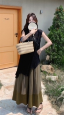 针织镂空无袖上衣套装女2025夏季新款复古时尚不规则阔腿裤两件套，女装连衣裙，2D008
