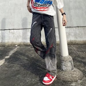 秋嘻哈美式复古高街泼墨宽松直筒休闲牛仔裤长裤裤子男AMX120 P40图片