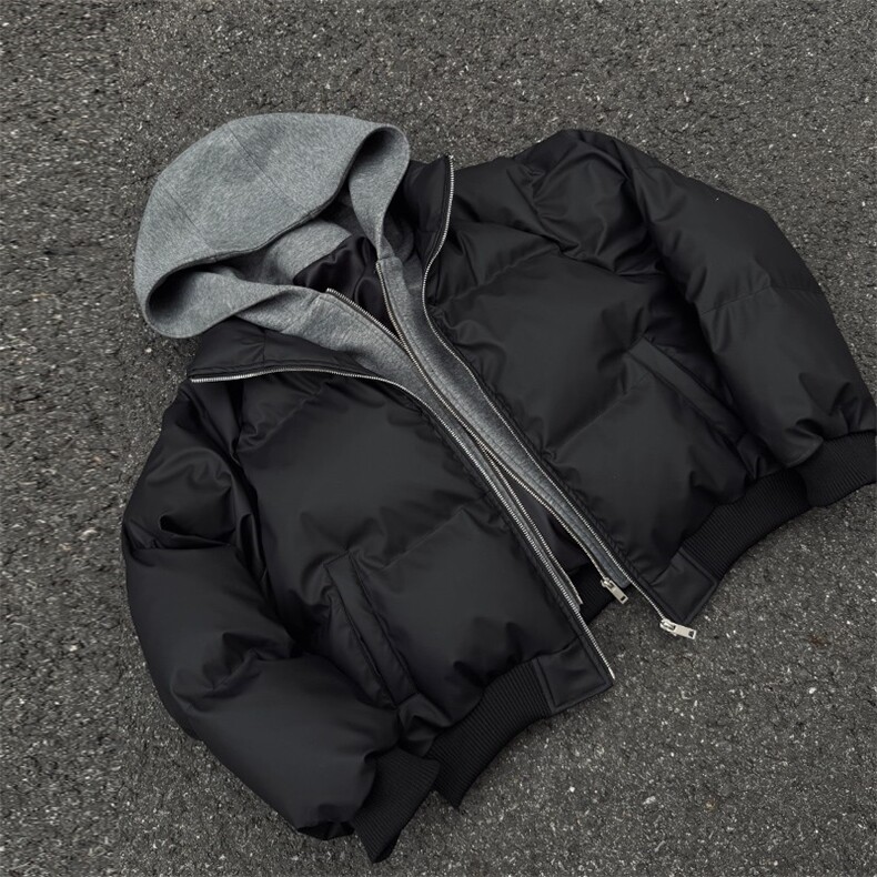 PU皮假两件连帽宽松棉衣男女保暖短款潮流冬季加厚棉服D513特P105,男装棉衣,电商A335-1（原A458）