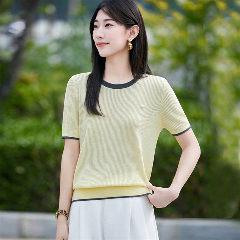 撞色圆领冰丝针织短袖T恤女2025夏季轻薄透气宽松显瘦上衣小衫t恤,针织衫/毛衣,昭美羊绒