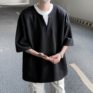2024夏季新款潮牌V领短袖T恤设计感宽松五分袖男 现货 T1785-P34图片