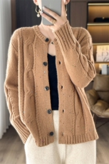 宽松慵懒风加厚100%纯羊毛开衫女圆领扭花亮片外套毛衣羊绒衫上衣，女装羊毛衫，秋虹羊绒