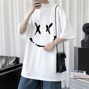 LD54190-P45 连帽短袖t恤男大码胖子带帽五分袖中袖图片