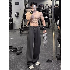 深灰色美式健身运动卫裤男冬季重磅垂感裤子显腿长高腰休闲裤，男装休闲裤，四季星座505