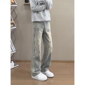 B221 高品质美式ins高街暗黑宽松喷墨牛仔裤 LK25472-特P45控78图片