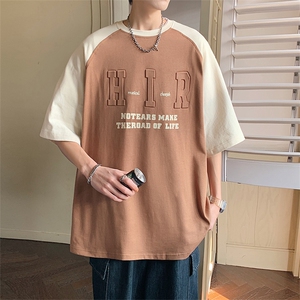 2024夏新款 美式撞色插肩凹凸字母印花宽松圆领短袖T恤 T2315-P40图片