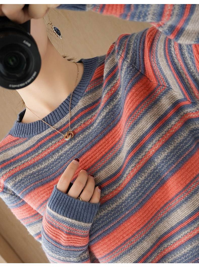 羊毛衫女圆领毛衣条纹长袖保暖套头针织打底衫,女装羊毛衫,亿东羊绒