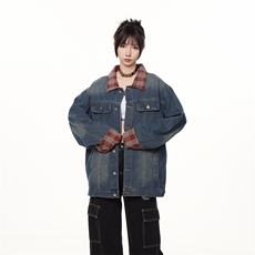美式复古格纹翻领牛仔外套男秋季潮牌水洗拼接小众夹克女J633-p75，男装夹克，星座1008