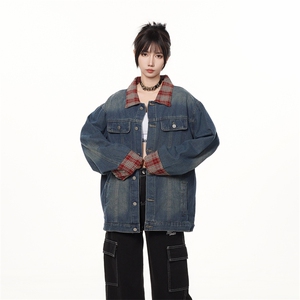 美式复古格纹翻领牛仔外套男秋季潮牌水洗拼接小众夹克女J633-p75图片