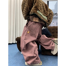 火焰刺绣美式复古工装裤高街风裤子宽松阔腿牛仔裤弯刀拖地裤，男装牛仔裤，四季星座505