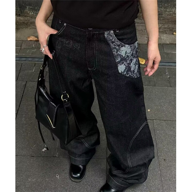 A字版型提花拼接牛仔裤男潮牌美式微喇宽松阔腿长裤 N8588图片