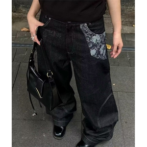A字版型提花拼接牛仔裤男潮牌美式微喇宽松阔腿长裤 N8588图片