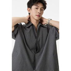 夏季新款青少年格纹短袖衬衫美式高街潮五分袖T恤情侣款短袖衬衫，男装T恤，星座302B-2