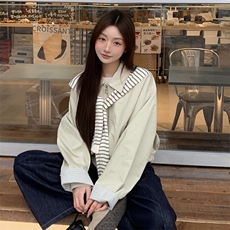 条纹披肩翻领浅卡其外套女春秋2025新款高级感夹克上衣韩版超好看，女装短外套，浙宝193A