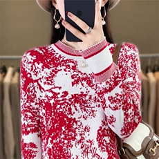 水墨印花长袖纯棉线针织衫女圆领套头毛衣洋气内搭外穿保暖上衣，女装针织衫/毛衣，斯美雅安迪绒