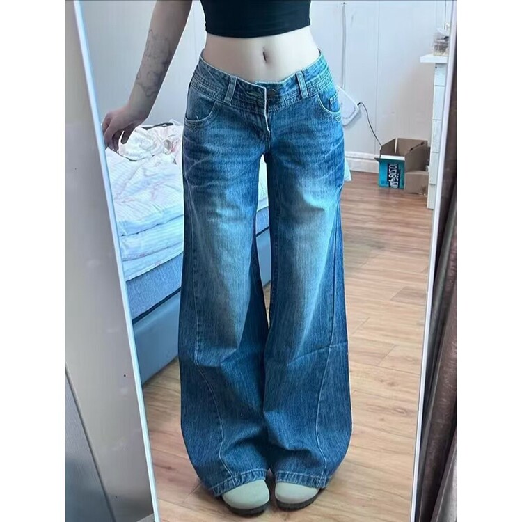 美式复古水洗蓝色牛仔裤男春秋季设计感高街潮牌直筒阔腿微喇裤子,男装牛仔裤,星座218-8
