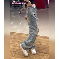 破洞阔腿牛仔裤新款大码胖妹妹梨型身材带钻烫钻显瘦直筒裤-网图，女装牛仔裤，星座302B-2