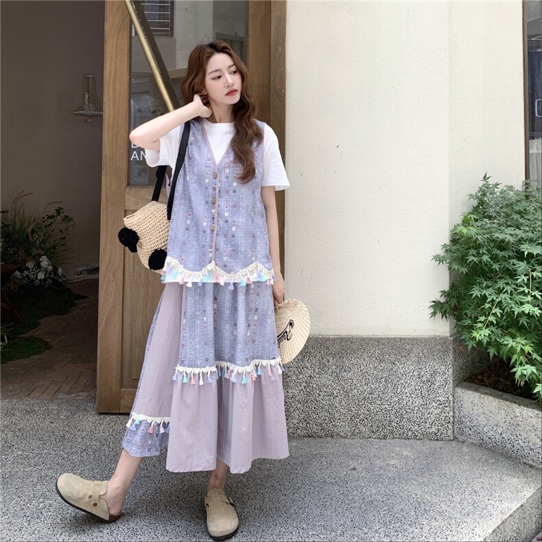 流苏紫色马甲套装裙女夏T恤半身裙三件套流行巨好看超火爆款洋气,女装套装/套裙,2C317