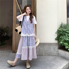 流苏紫色马甲套装裙女夏T恤半身裙三件套流行巨好看超火爆款洋气，女装套装/套裙，2C317