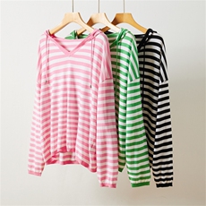 女士秋冬简约V领羊毛条纹帽衫羊毛，女装羊毛衫，润匹羊绒