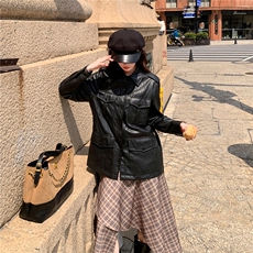 气质复古收腰黑色皮衣外套女春秋2025新款小个子机车服PU夹克流行，女装短外套，2C030