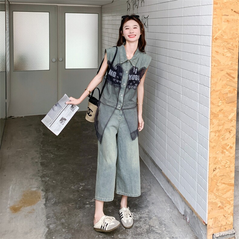 蓝色复古气质牛仔套装女2025夏新款韩版网纱拼接衬衫休闲裤两件套,女装套装/套裙,2C135
