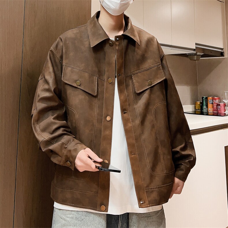 春季翻领皮夹克按扣男士休闲外套潮上衣机车青年A266-PY009-P100,男装夹克,电商A266