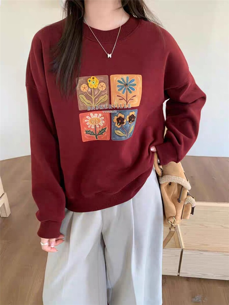 2025年秋季长袖圆领单件套头油画风花朵卫衣，女装卫衣/绒衫，湘姗