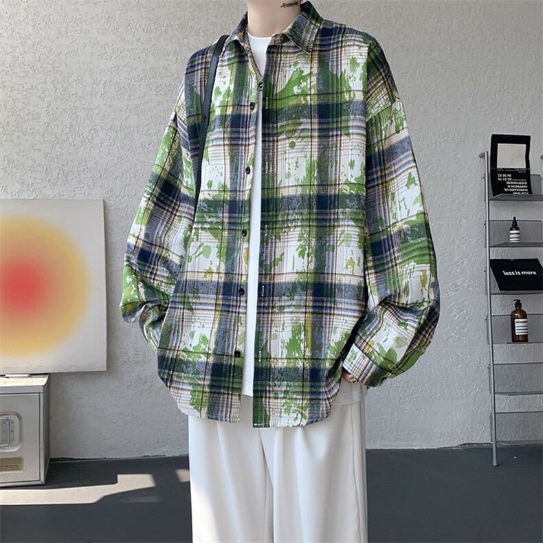 衬衫男秋冬新款港风宽松扎染格子长袖衬衣CS300-特P28,男装衬衫,星座214-3