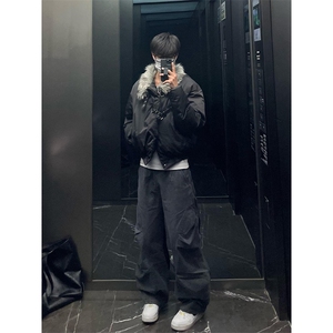 冬季新款黑色毛领夹克棉服男高街皮扣设计感棉衣美式潮牌百搭外套图片
