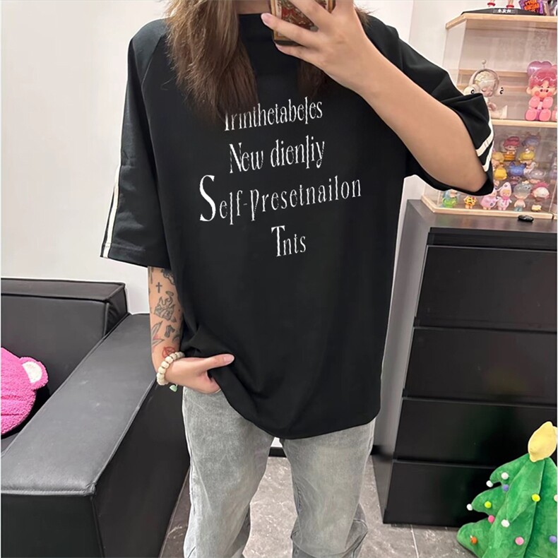 抖音得物高品质二开240克宽松纯棉美式潮牌三条杠织带短袖T恤,男装T恤,电商A486-1