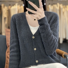 100%纯羊毛开衫女V领镂空毛衣外套2025秋冬新款羊绒衫针织衫外搭，女装羊毛衫，邓利维