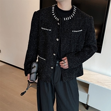 原版秋冬新品高级定制闪钻珍珠扣垫肩宽松小香风外套W001-P128，女装短外套，电商B267