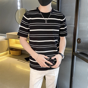 条纹短袖圆领T恤男港风潮流休闲打底衫男生圆领五分袖体恤上衣图片