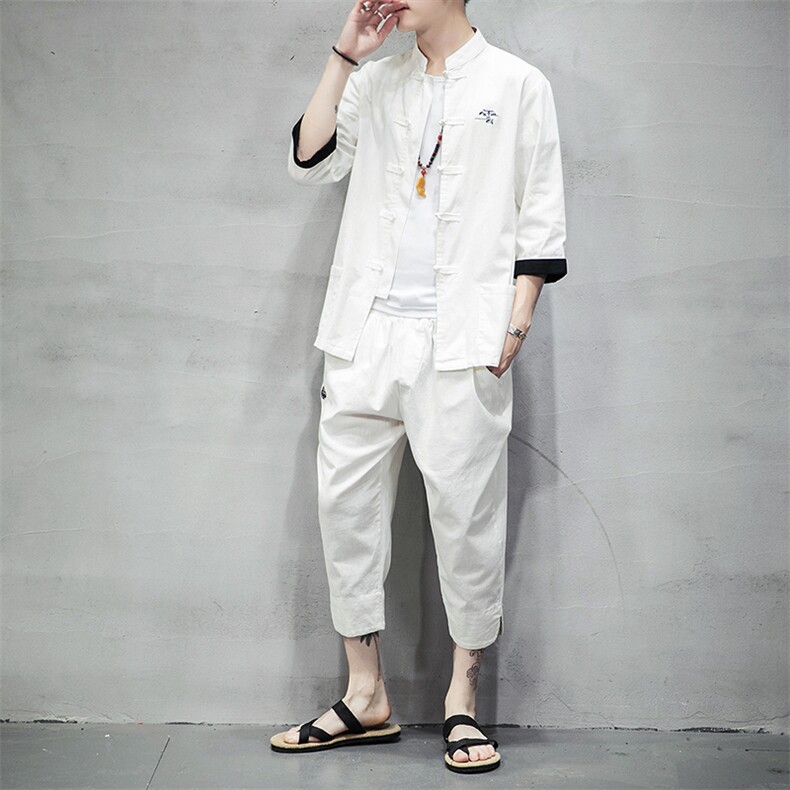 中国风唐装亚麻刺绣七分袖衬衫男士青年大码休闲裤套装TZ073/P100,男装休闲套装,电商A008