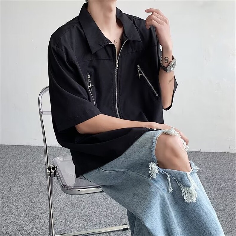 高级感开衫拉链短袖衬衫男2024夏季新款宽松休闲高街潮牌半袖上衣,男装衬衫,星座601-2