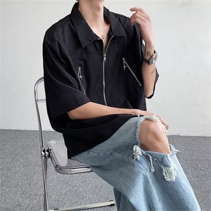 高级感开衫拉链短袖衬衫男2024夏季新款宽松休闲高街潮牌半袖上衣图片