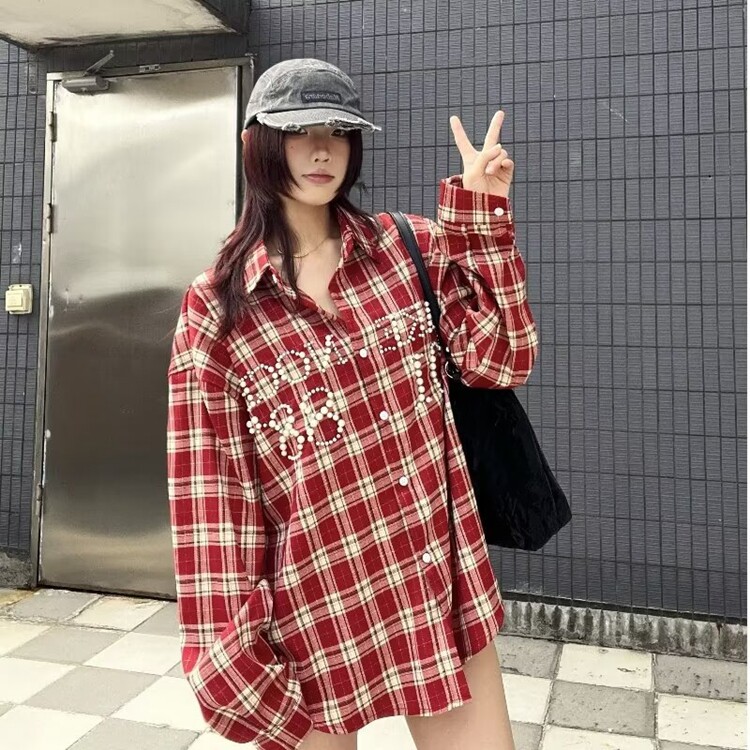 美式潮牌复古红色格子衬衫女春夏长袖防晒衬衣设计感宽松情侣外套,女装衬衫,星座218-8