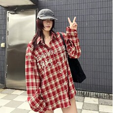 美式潮牌复古红色格子衬衫女春夏长袖防晒衬衣设计感宽松情侣外套，女装衬衫，星座218-8