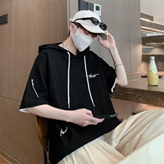 新款夏季港风宽松休闲百搭连帽刺绣短袖T恤618A-7707-P55，男装T恤，星座914-4