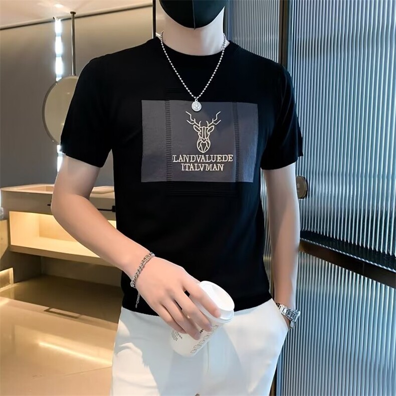 男士针织T恤简约刺绣帅气休闲打底衫春秋季短袖潮牌修身上衣S315,男装T恤,星座1116A-2（原606A-1）