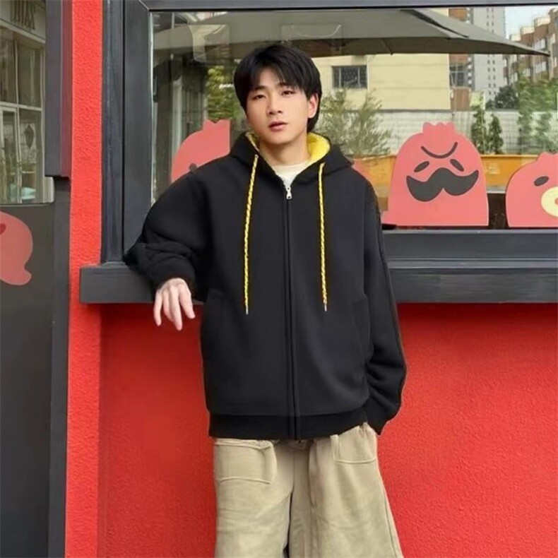 抖音得物二开美式高街重磅结构双层撞色连帽卫衣开衫外套W116,男装卫衣,电商A486
