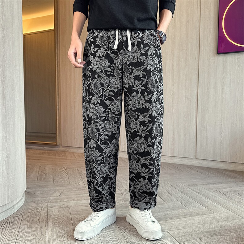 风设计男女同款早秋复古提花宽松直筒休闲裤洋气阔腿长裤Y206,男装休闲裤,电商A368