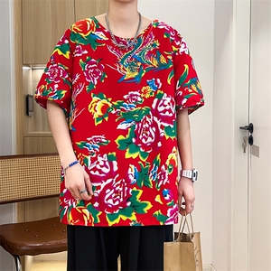 HT203夏男休闲东北大花民族风牡丹花圆领短袖T恤青少年大码男女潮图片