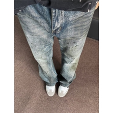 复古牛仔裤男夏季休闲潮牌美式高街百搭直筒裤竹节纹泼墨K0052，男装牛仔裤，星座1013