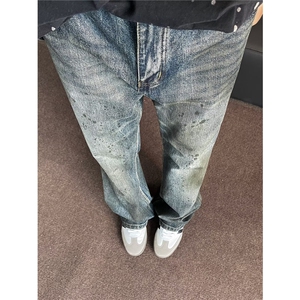 复古牛仔裤男夏季休闲潮牌美式高街百搭直筒裤竹节纹泼墨K0052图片