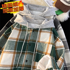 冬款港风大码呢料磨毛连帽衬衫加绒加厚衬衣外套J25858J加绒-P60