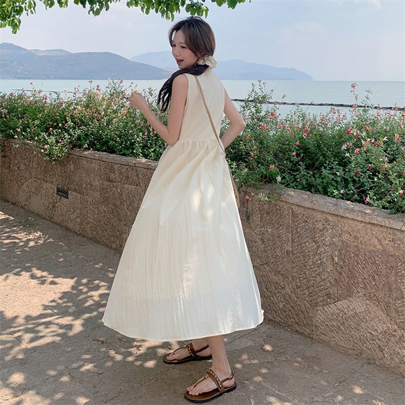 2024夏季新款韩版百搭时尚宽松连衣裙女无袖压褶显瘦背心长裙子潮,女装连衣裙,C位