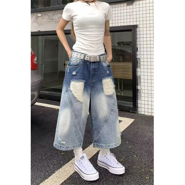 美式复古渐变水洗破洞牛仔七分裤男女夏季直筒宽松阔腿中裤DK658,男装牛仔裤,星座1116A（原606A-3）